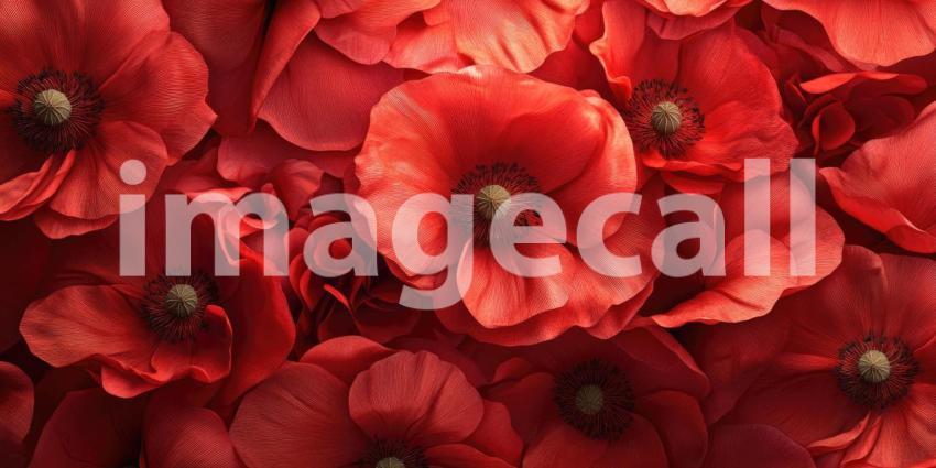 Poppy Bloom Abundance: Crimson Petals and Dark Centers, Close-Up of Floral Beauty in a Rich, Textured Composition.