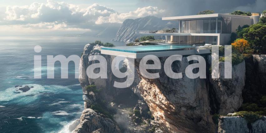 Tropical Mountain Retreat: Infinity Pool Overlooks Lush Valleys, Palm Trees and Sunlit Hills, a Serene Escape to Nature's Majesty.