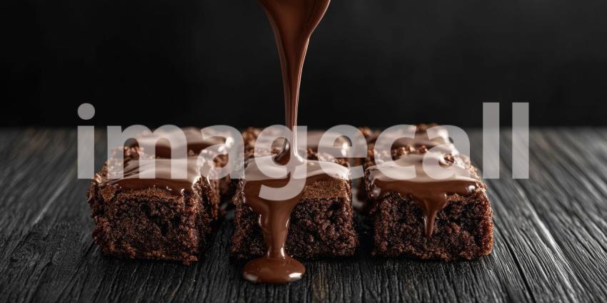 Decadent Brownie Indulgence: Chocolate Sauce Drizzled Over Fudgy Squares, Close-Up of Rich Texture and Sweet Treat Delight.
