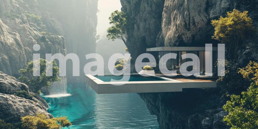 Tropical Mountain Retreat: Infinity Pool Overlooks Lush Valleys, Palm Trees and Sunlit Hills, a Serene Escape to Nature's Majesty.