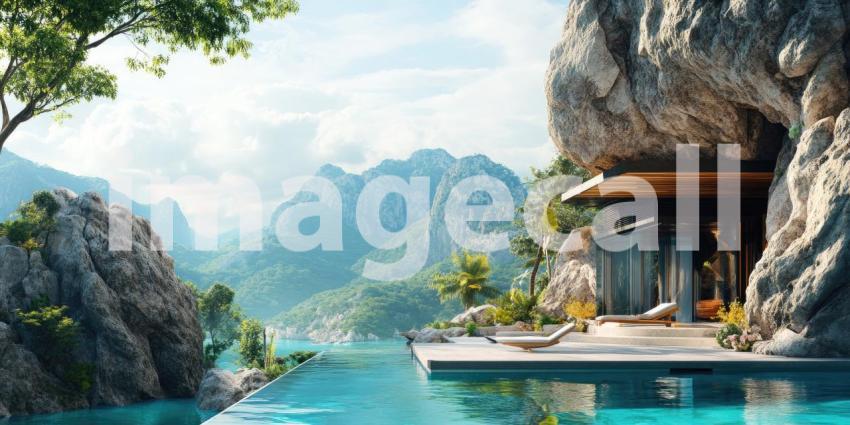 Tropical Mountain Retreat: Infinity Pool Overlooks Lush Valleys, Palm Trees and Sunlit Hills, a Serene Escape to Nature's Majesty.