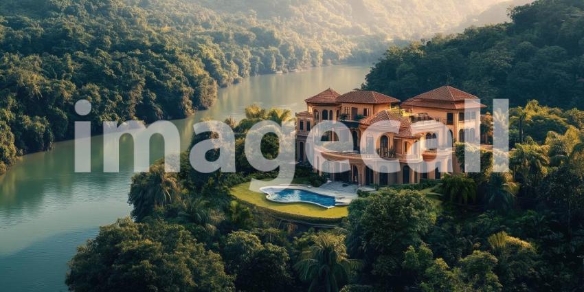 Riverside Villa Retreat: Tuscan-Style Mansion with Pool Overlooking Water, Cypress Trees and Lush Landscape, a Peaceful and Elegant Estate.