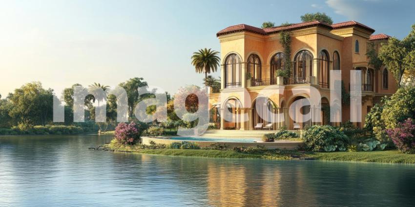 Riverside Villa Retreat: Tuscan-Style Mansion with Pool Overlooking Water, Cypress Trees and Lush Landscape, a Peaceful and Elegant Estate.