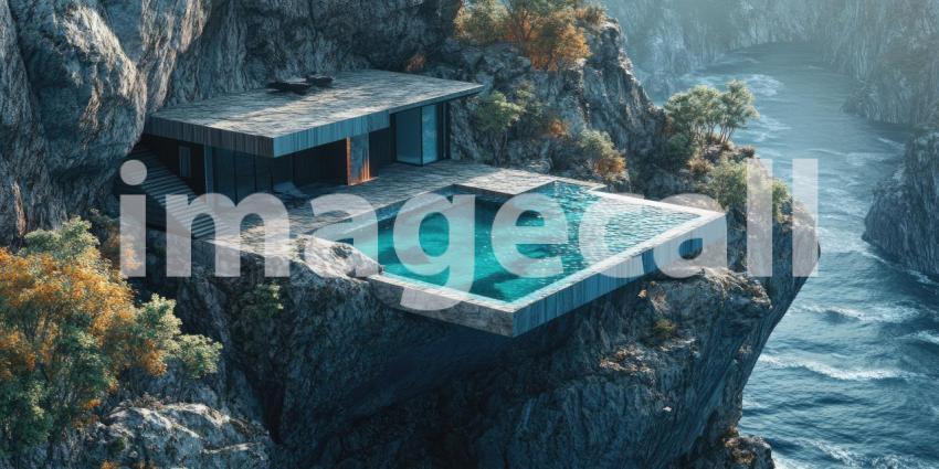 Tropical Mountain Retreat: Infinity Pool Overlooks Lush Valleys, Palm Trees and Sunlit Hills, a Serene Escape to Nature's Majesty.