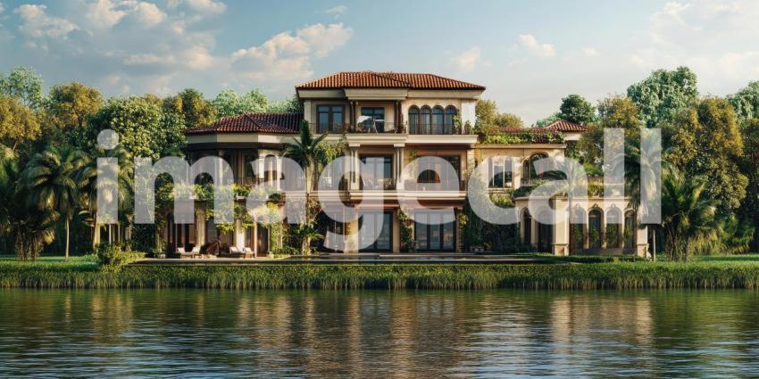 Riverside Villa Retreat: Tuscan-Style Mansion with Pool Overlooking Water, Cypress Trees and Lush Landscape, a Peaceful and Elegant Estate.