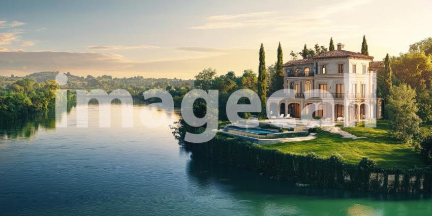 Riverside Villa Retreat: Tuscan-Style Mansion with Pool Overlooking Water, Cypress Trees and Lush Landscape, a Peaceful and Elegant Estate.