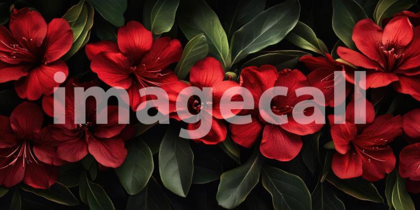 Crimson Rhododendron Bloom: Vibrant Red Flowers and Lush Green Leaves, a Dark and Elegant Floral Composition of Tropical Beauty.
