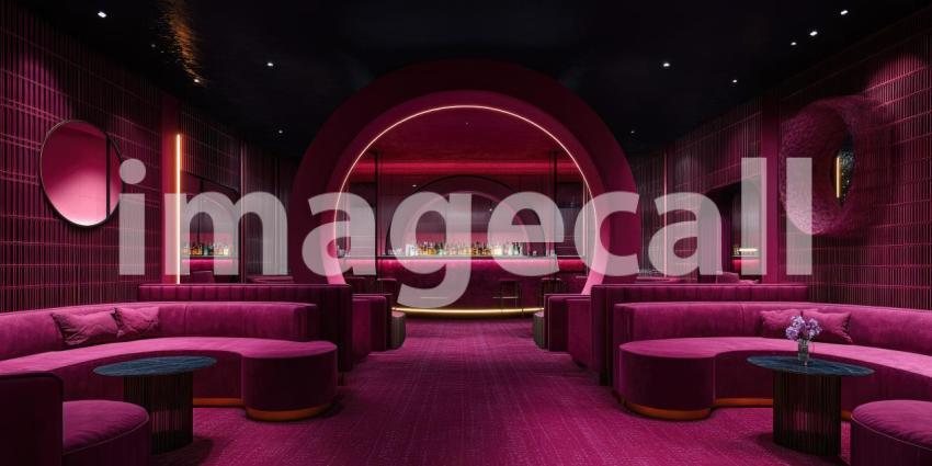 Neon Pink Lounge: Modern Chair and Mirror in Glowing Room, Reflective Floor and Strip Lighting, a Surreal and Stylish Interior.
