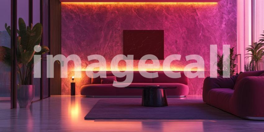 Neon Pink Lounge: Modern Chair and Mirror in Glowing Room, Reflective Floor and Strip Lighting, a Surreal and Stylish Interior.