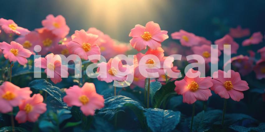 Primrose Morning Glow: Pink and Yellow Blooms in Soft Light, Misty Forest Backdrop, a Delicate and Serene Floral Scene.
