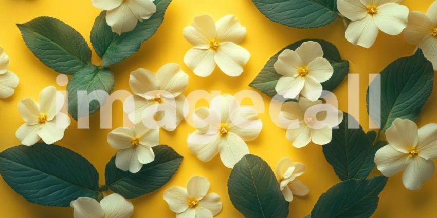 Primrose Morning Glow: Pink and Yellow Blooms in Soft Light, Misty Forest Backdrop, a Delicate and Serene Floral Scene.