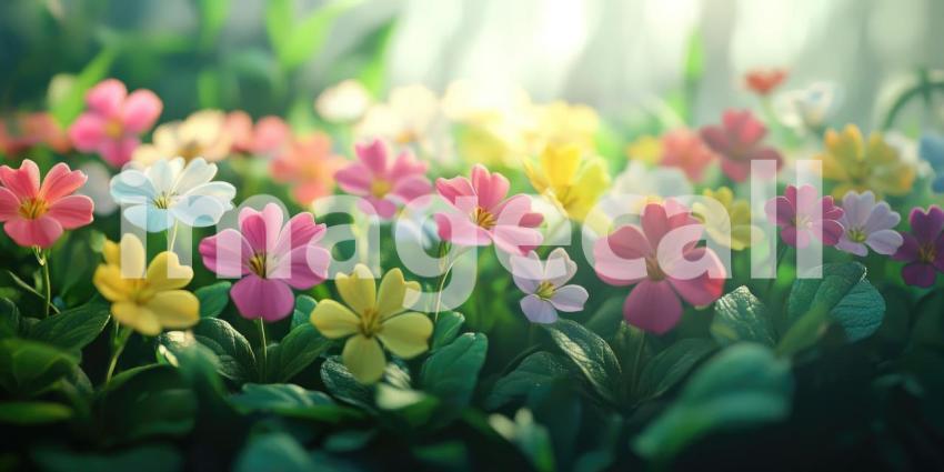 Primrose Morning Glow: Pink and Yellow Blooms in Soft Light, Misty Forest Backdrop, a Delicate and Serene Floral Scene.