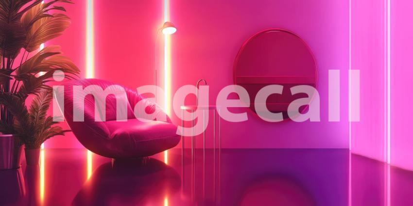 Neon Pink Lounge: Modern Chair and Mirror in Glowing Room, Reflective Floor and Strip Lighting, a Surreal and Stylish Interior.