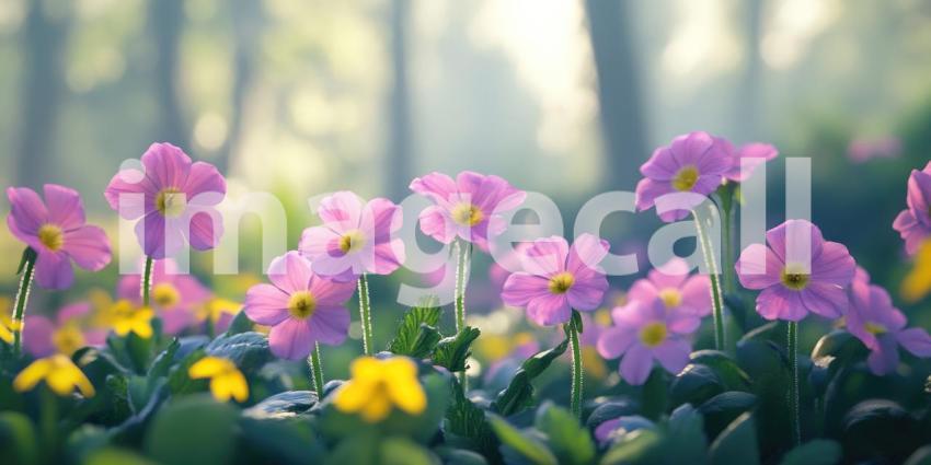 Primrose Morning Glow: Pink and Yellow Blooms in Soft Light, Misty Forest Backdrop, a Delicate and Serene Floral Scene.