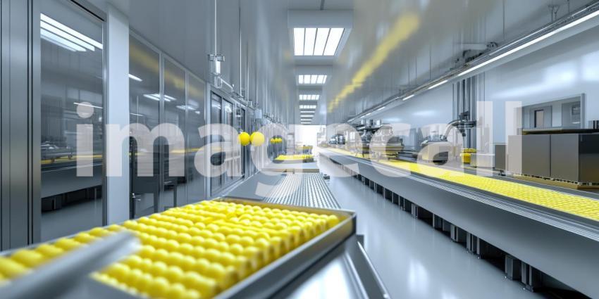 Conveyor Belt in Modern Factory, Bright Yellow Fruit in Industrial Setting, a Scene of Mass Food Production.
