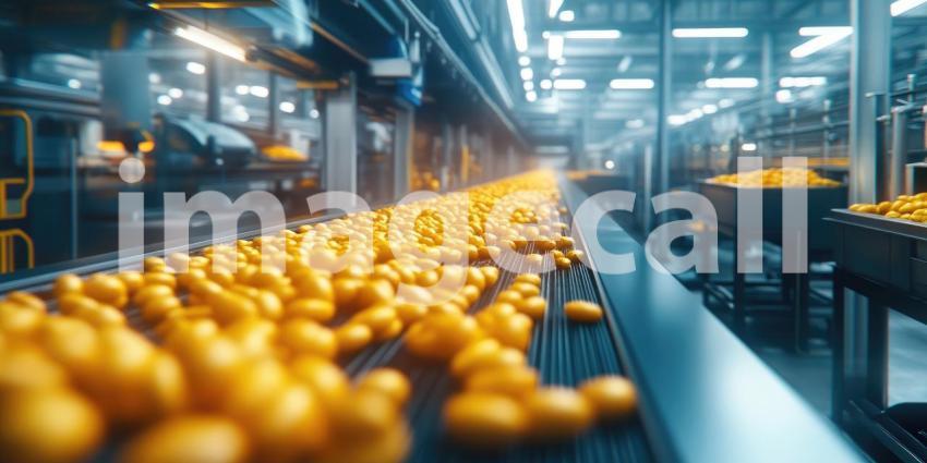 Conveyor Belt in Modern Factory, Bright Yellow Fruit in Industrial Setting, a Scene of Mass Food Production.
