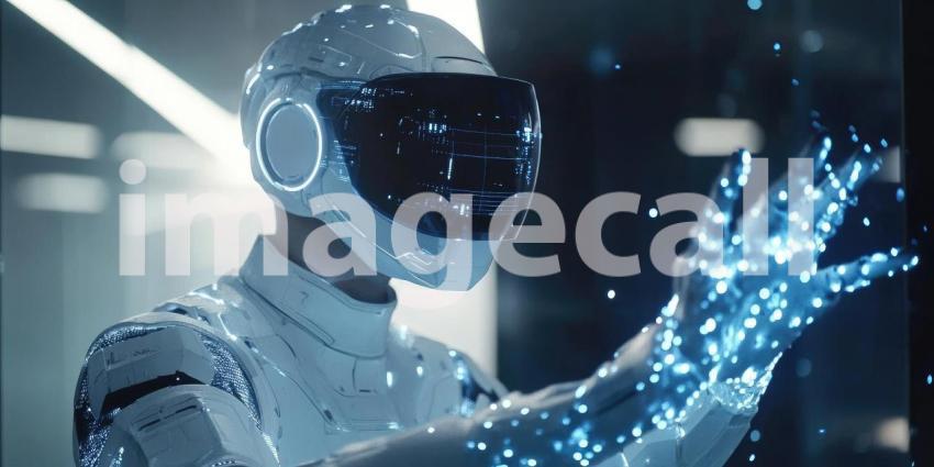 Futuristic Interface: Humanoid Figure in White Suit with Glowing Hand, Digital Particles and Advanced Helmet, a Scene of Technological Interaction.