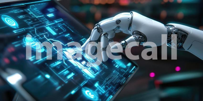 Futuristic Interface: Humanoid Figure in White Suit with Glowing Hand, Digital Particles and Advanced Helmet, a Scene of Technological Interaction.