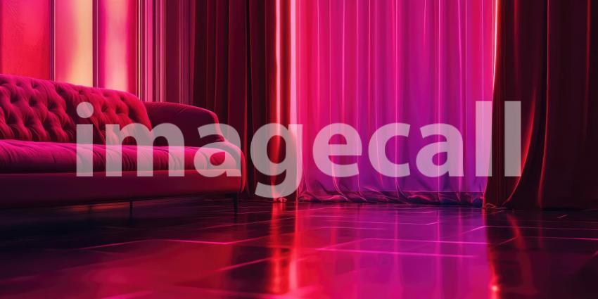 Neon Pink Lounge: Modern Chair and Mirror in Glowing Room, Reflective Floor and Strip Lighting, a Surreal and Stylish Interior.