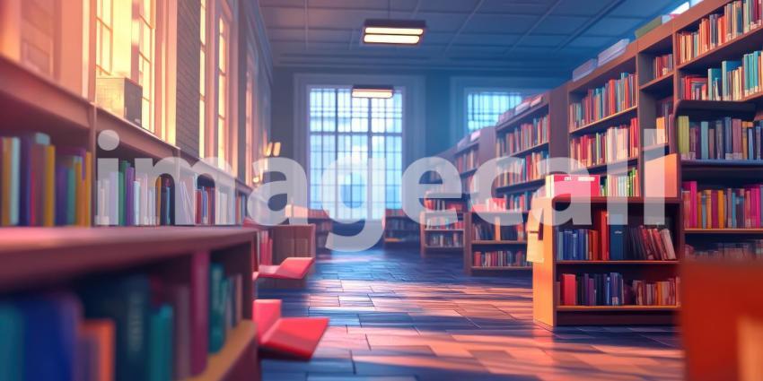 Sunlit Library Aisle: Rows of Books and Empty Chairs, Warm Light Through Tall Windows, a Quiet Haven of Knowledge and Reflection.