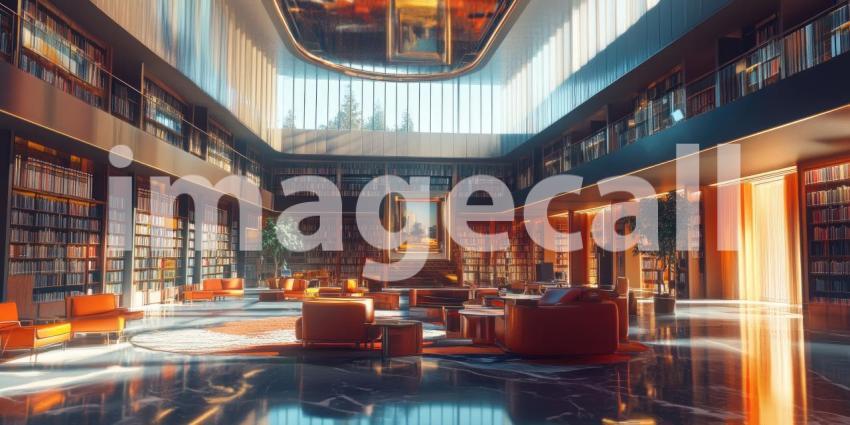 Sunlit Library Aisle: Rows of Books and Empty Chairs, Warm Light Through Tall Windows, a Quiet Haven of Knowledge and Reflection.