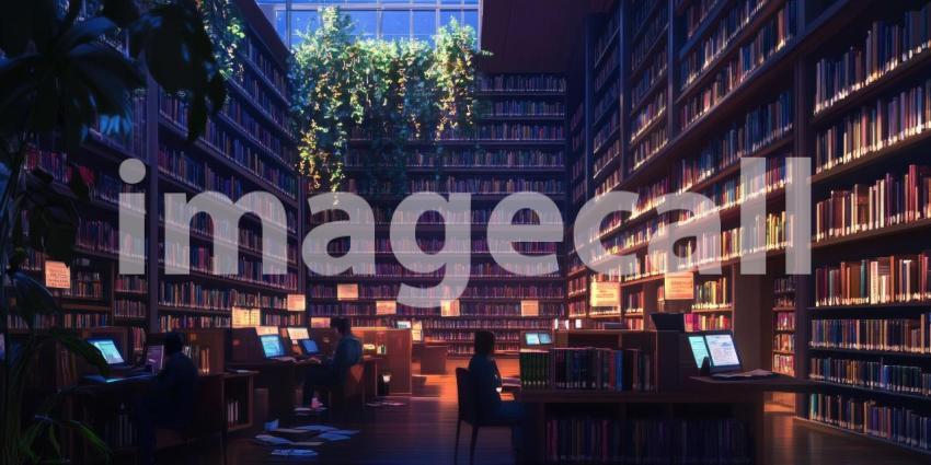 Sunlit Library Aisle: Rows of Books and Empty Chairs, Warm Light Through Tall Windows, a Quiet Haven of Knowledge and Reflection.