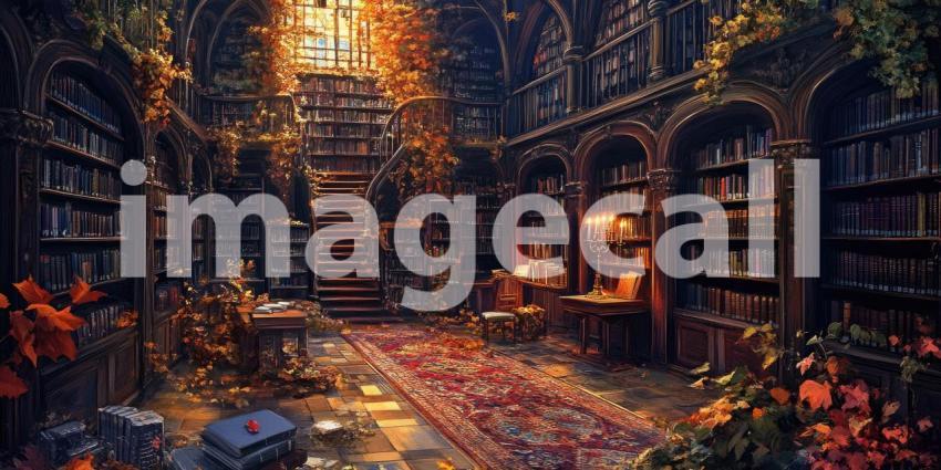 Sunlit Library Aisle: Rows of Books and Empty Chairs, Warm Light Through Tall Windows, a Quiet Haven of Knowledge and Reflection.