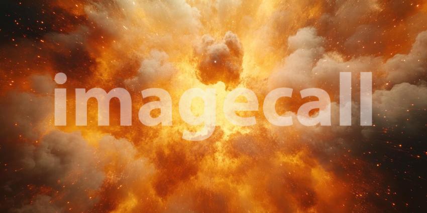 Explosion Cloudscape: Fiery Orange and Grey Plumes, Intense Heat and Debris in a Dramatic, Cataclysmic Scene of Destruction.