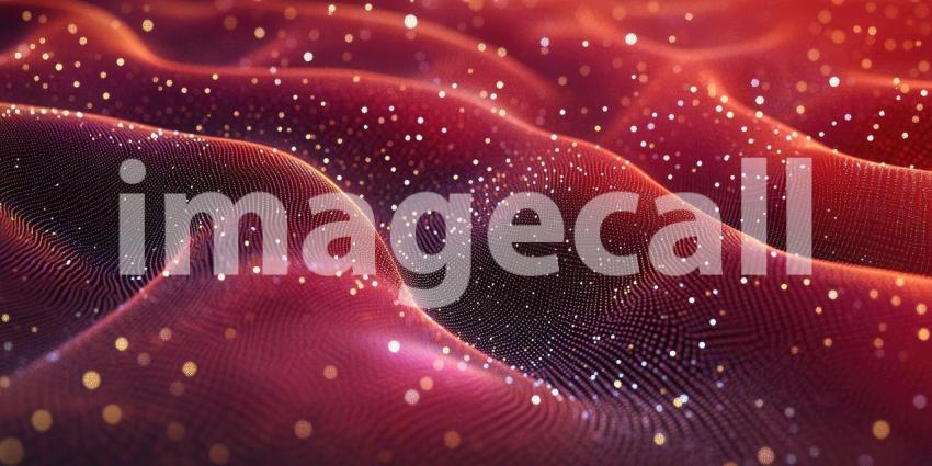 Red Data Waves: Glowing Particles on Undulating Surface, Digital Landscape of Information Flow and Abstract Connectivity in a Technological Vision.