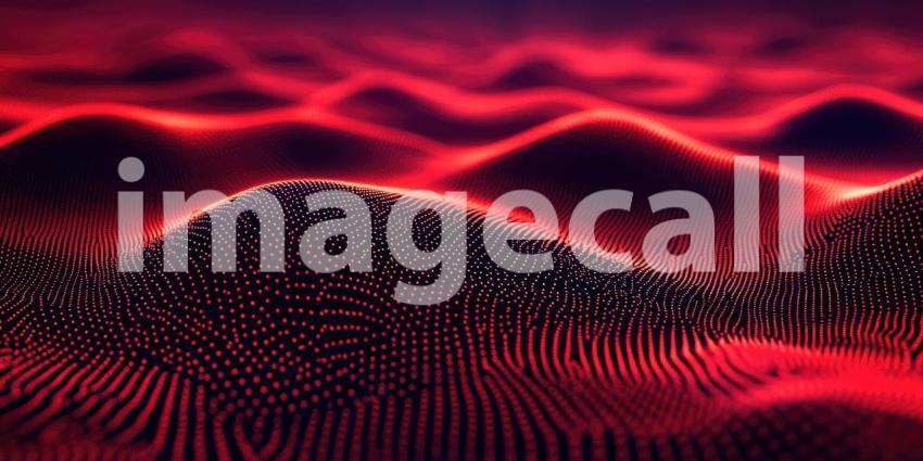 Red Data Waves: Glowing Particles on Undulating Surface, Digital Landscape of Information Flow and Abstract Connectivity in a Technological Vision.