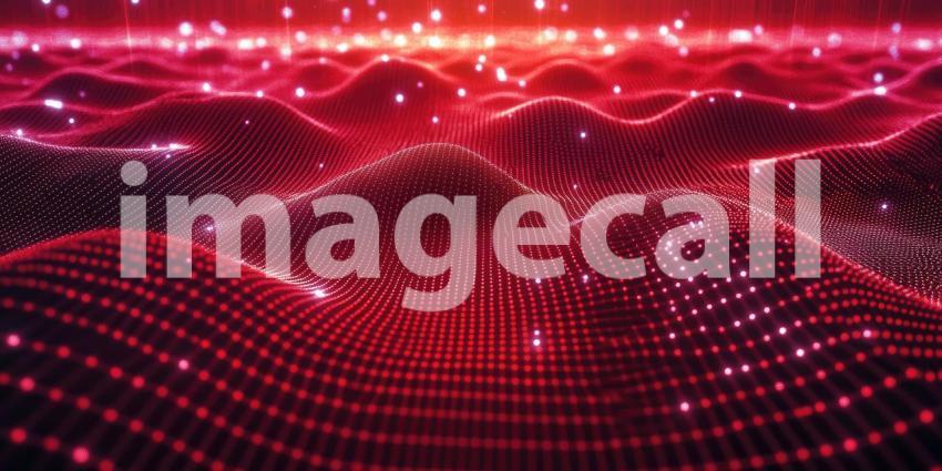 Red Data Waves: Glowing Particles on Undulating Surface, Digital Landscape of Information Flow and Abstract Connectivity in a Technological Vision.