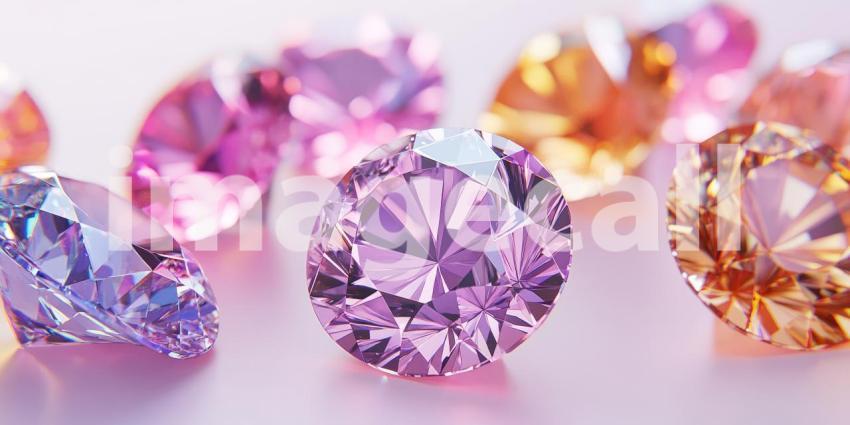 Gemstone Spectrum: Faceted Jewels in Purple, Pink, and Gold Tones, Close-Up of Sparkling Minerals in a Rich, Colorful Array.