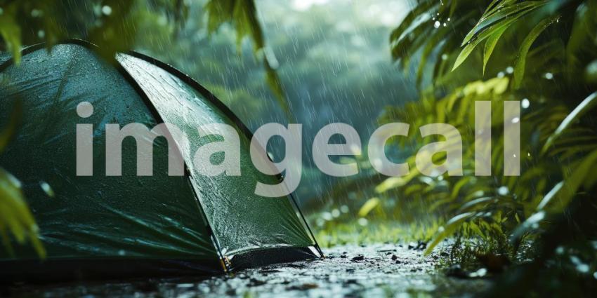 Rainy Forest Camp: Yellow Tent in Downpour, Dark Trees and Wet Ground, a Solitary Shelter in Nature's Stormy Embrace.