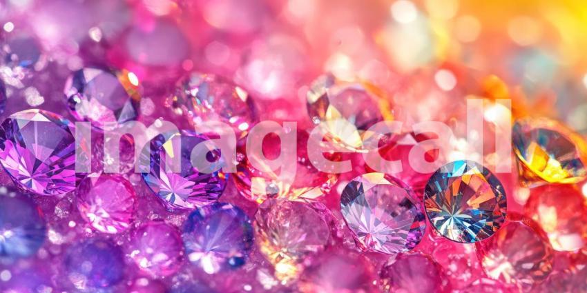 Gemstone Spectrum: Faceted Jewels in Purple, Pink, and Gold Tones, Close-Up of Sparkling Minerals in a Rich, Colorful Array.