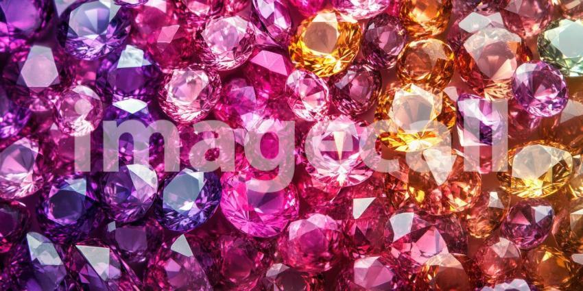 Gemstone Spectrum: Faceted Jewels in Purple, Pink, and Gold Tones, Close-Up of Sparkling Minerals in a Rich, Colorful Array.