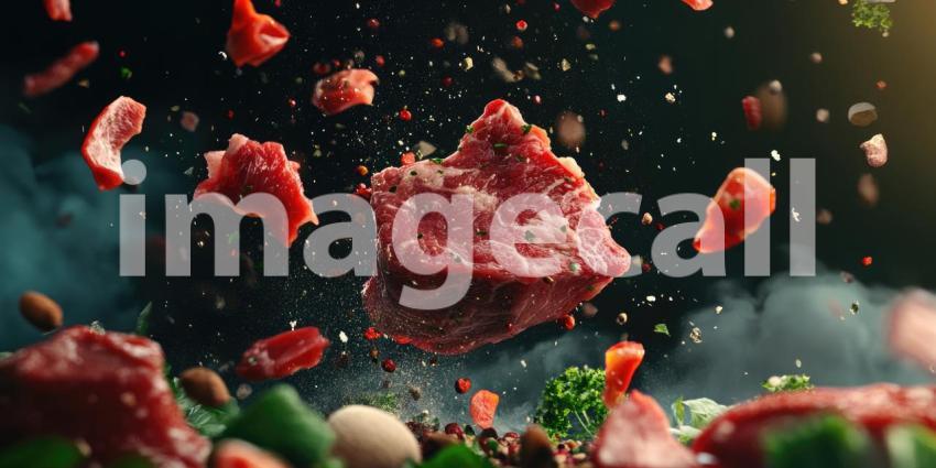 Exploding Raw Beef: Chunks of Meat and Ingredients in Mid-Air, Dynamic Composition of Food Preparation and Culinary Action.
