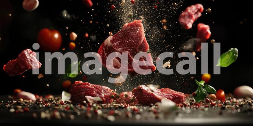 Exploding Raw Beef: Chunks of Meat and Ingredients in Mid-Air, Dynamic Composition of Food Preparation and Culinary Action.