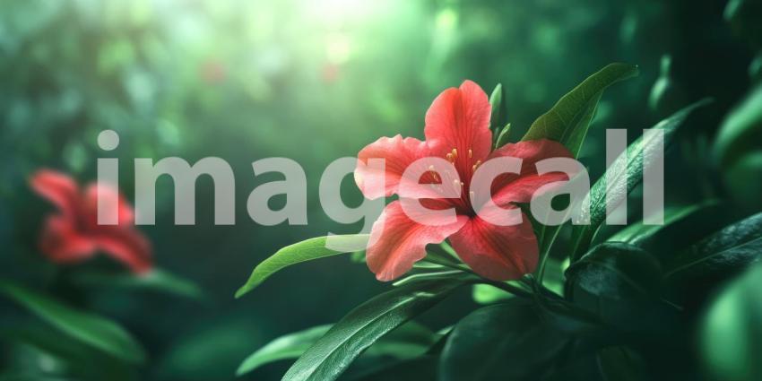 Crimson Rhododendron Bloom: Vibrant Red Flowers and Lush Green Leaves, a Dark and Elegant Floral Composition of Tropical Beauty.