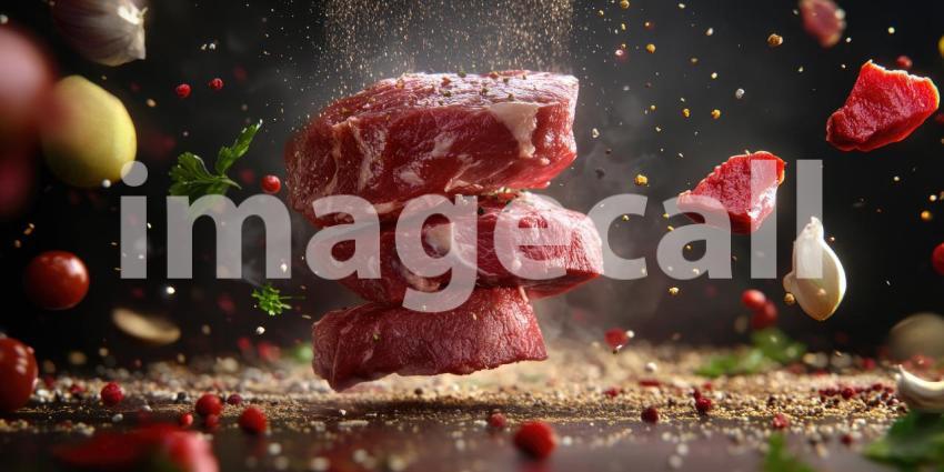 Exploding Raw Beef: Chunks of Meat and Ingredients in Mid-Air, Dynamic Composition of Food Preparation and Culinary Action.