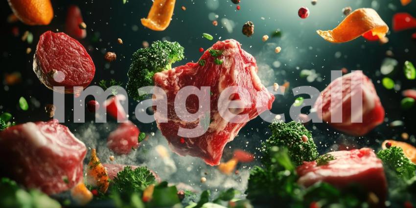 Exploding Raw Beef: Chunks of Meat and Ingredients in Mid-Air, Dynamic Composition of Food Preparation and Culinary Action.