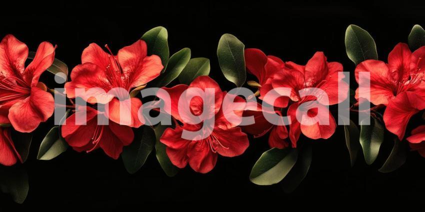 Crimson Rhododendron Bloom: Vibrant Red Flowers and Lush Green Leaves, a Dark and Elegant Floral Composition of Tropical Beauty.
