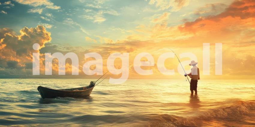 Tranquil Lake Scene: Angler in Wooden Boat at Sunset, Mountains and Reflections Create Peaceful Harmony