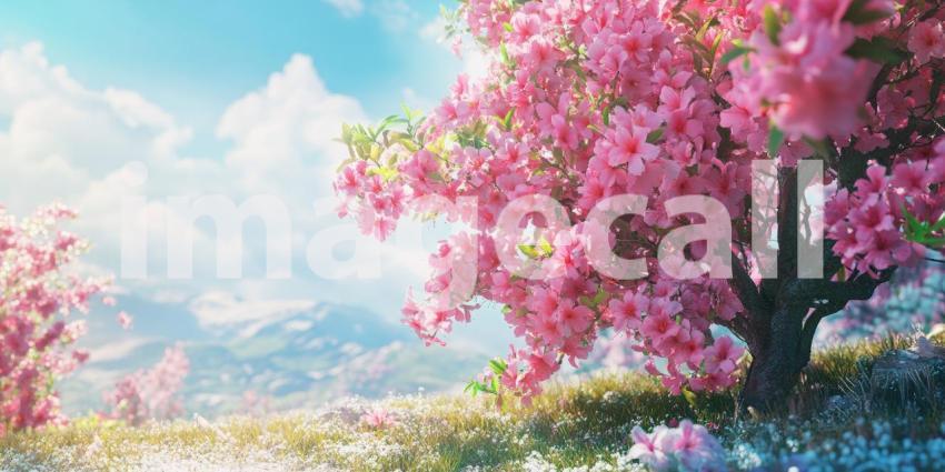 Pink Azalea Valley: Blossoms Carpet Rocky Hillsides, Distant Mountains and Soft Light, a Springtime Scene of Floral Abundance and Serenity.