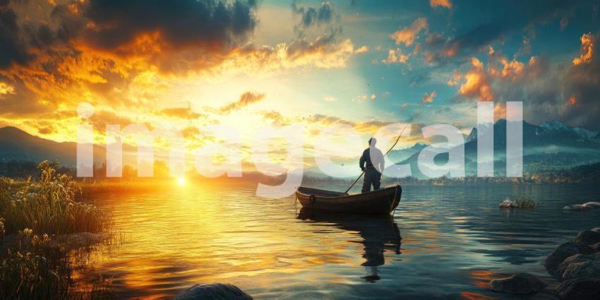 Tranquil Lake Scene: Angler in Wooden Boat at Sunset, Mountains and Reflections Create Peaceful Harmony