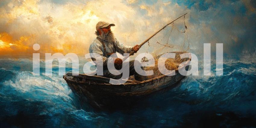 Tranquil Lake Scene: Angler in Wooden Boat at Sunset, Mountains and Reflections Create Peaceful Harmony