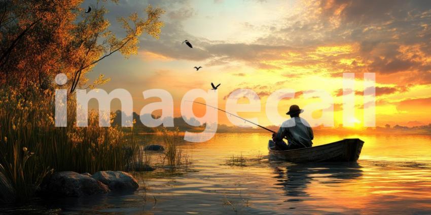 Tranquil Lake Scene: Angler in Wooden Boat at Sunset, Mountains and Reflections Create Peaceful Harmony