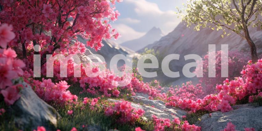 Pink Azalea Valley: Blossoms Carpet Rocky Hillsides, Distant Mountains and Soft Light, a Springtime Scene of Floral Abundance and Serenity.