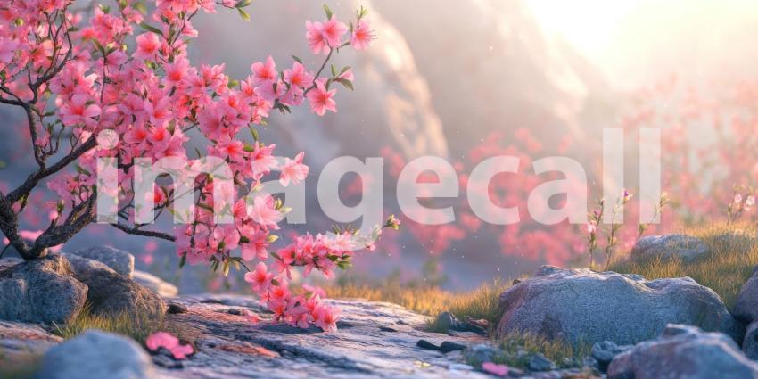 Pink Azalea Valley: Blossoms Carpet Rocky Hillsides, Distant Mountains and Soft Light, a Springtime Scene of Floral Abundance and Serenity.