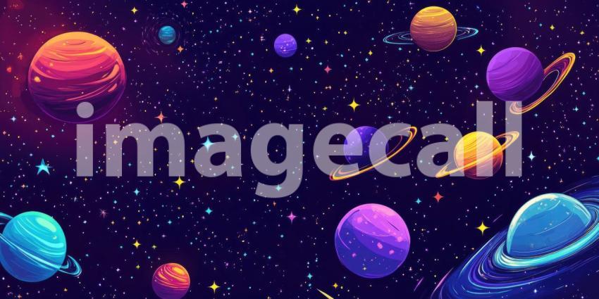 Cosmic Cartoonscape: Vibrant Planets and Starry Expanse, Whimsical Solar System in a Playful, Illustrated Universe of Color.