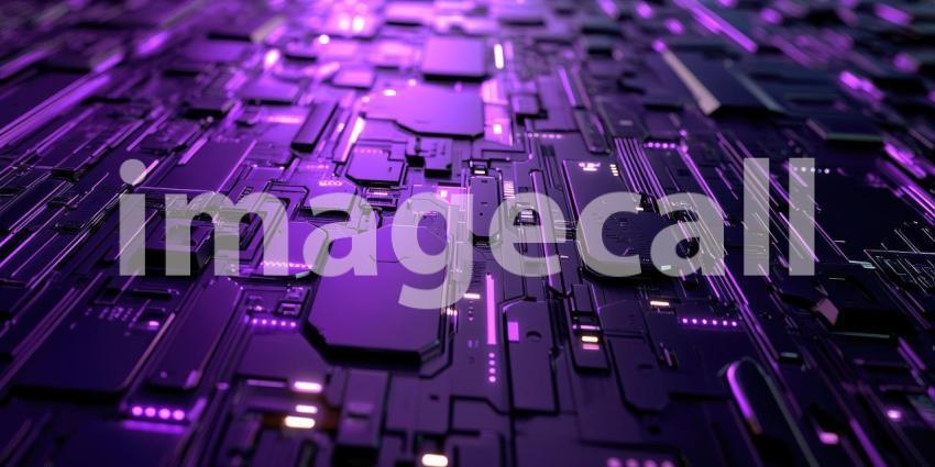 Purple Circuit Board Glow: Electronic Components and Light Trails, Close-Up of Futuristic Technology with Vibrant Color and Intricate Detail.